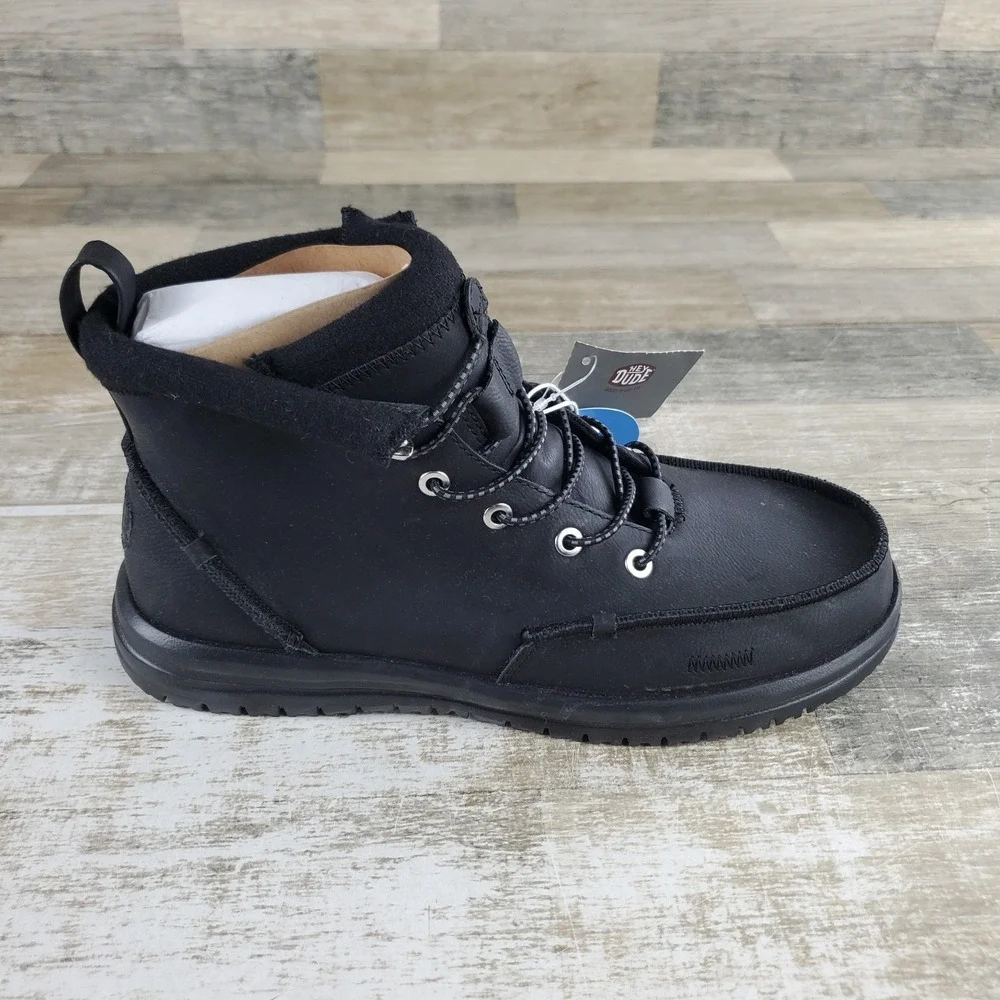 Hey Dude Bradley Classic Tumbled Mens Ankle High Boot Sz 9 Black Leather Lace-Up